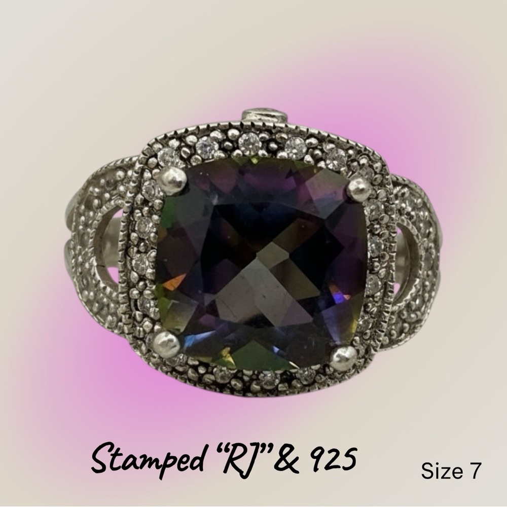 Mystic White Topaz VTG Halo Step Ring stamped RJ 7 & 925 W:14.91G